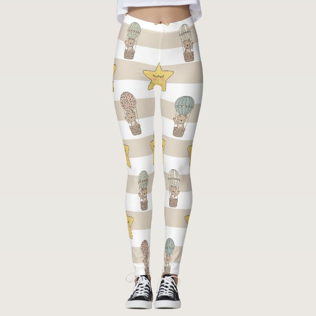 Cute Teddy Bear Hot Air Balloon Neutral Pattern 1 Leggings (Front)
