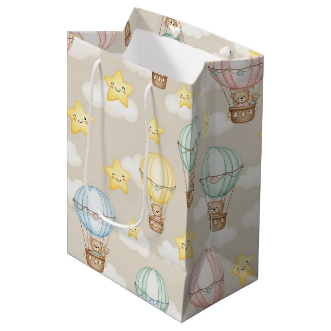 Cute Teddy Bear Hot Air Balloon Neutral Pattern 1 Medium Gift Bag (Front Angled)