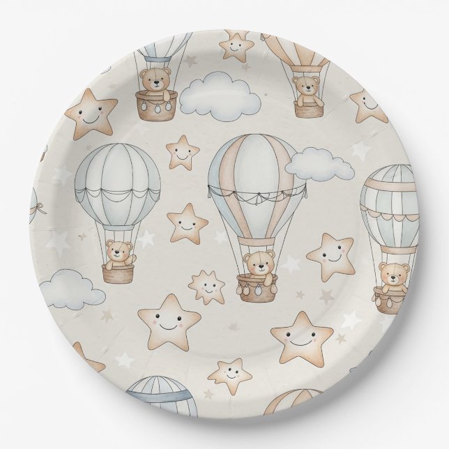 Cute Teddy Bear Hot Air Balloon Neutral Pattern 1 Paper Plate (Front)