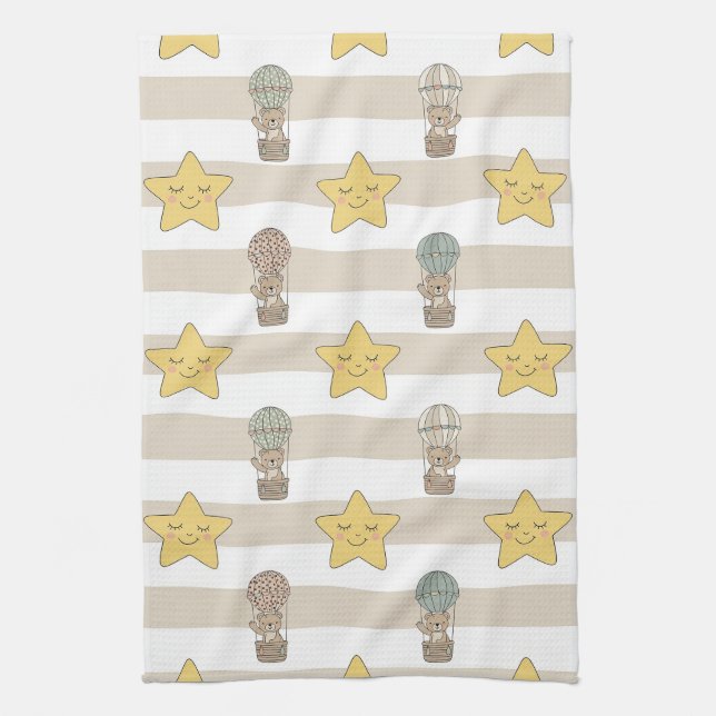 Cute Teddy Bear Hot Air Balloon Neutral Pattern 1 Tea Towel (Vertical)