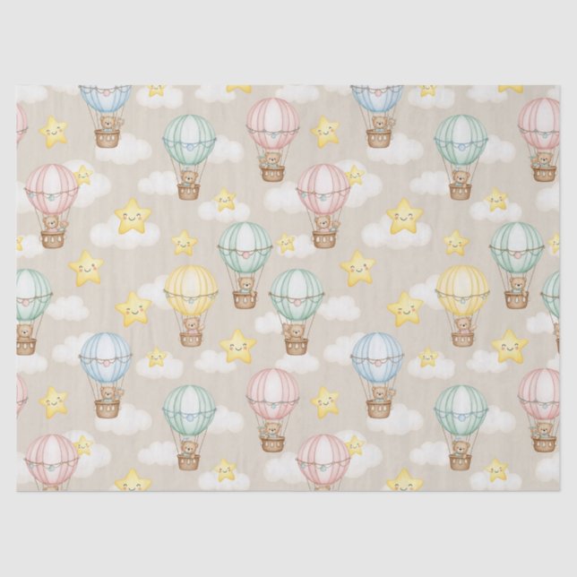 Cute Teddy Bear Hot Air Balloon Neutral Pattern 1 Tissue Paper (Front)