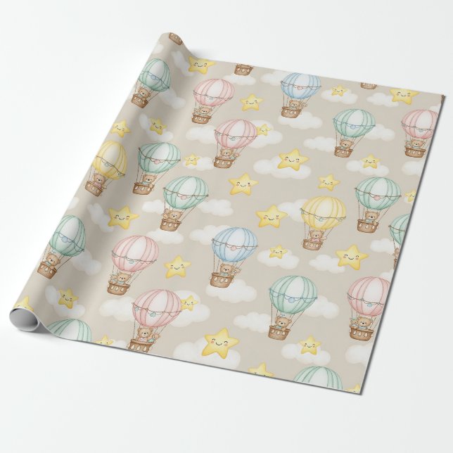 Cute Teddy Bear Hot Air Balloon Neutral Pattern 1 Wrapping Paper (Unrolled)