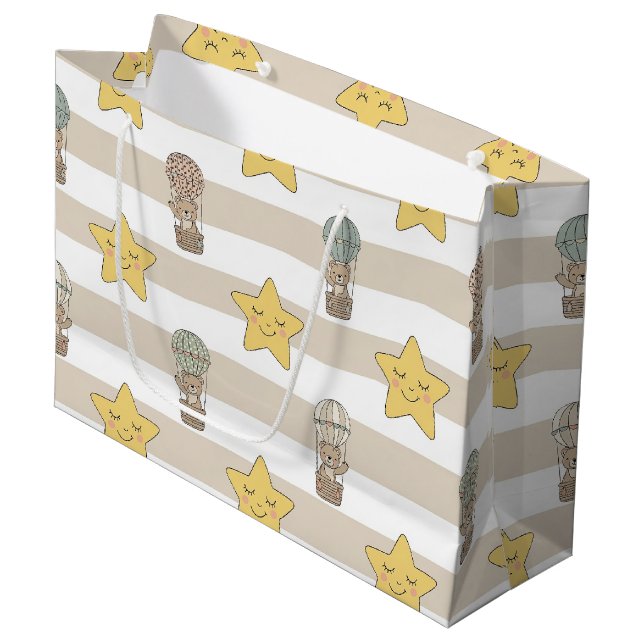 Cute Teddy Bear Hot Air Balloon Neutral Pattern 2 Large Gift Bag (Front Angled)