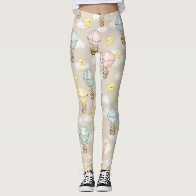 Cute Teddy Bear Hot Air Balloon Neutral Pattern 2 Leggings (Front)