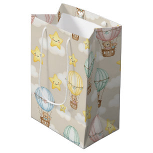 Cute Teddy Bear Hot Air Balloon Neutral Pattern 2 Medium Gift Bag