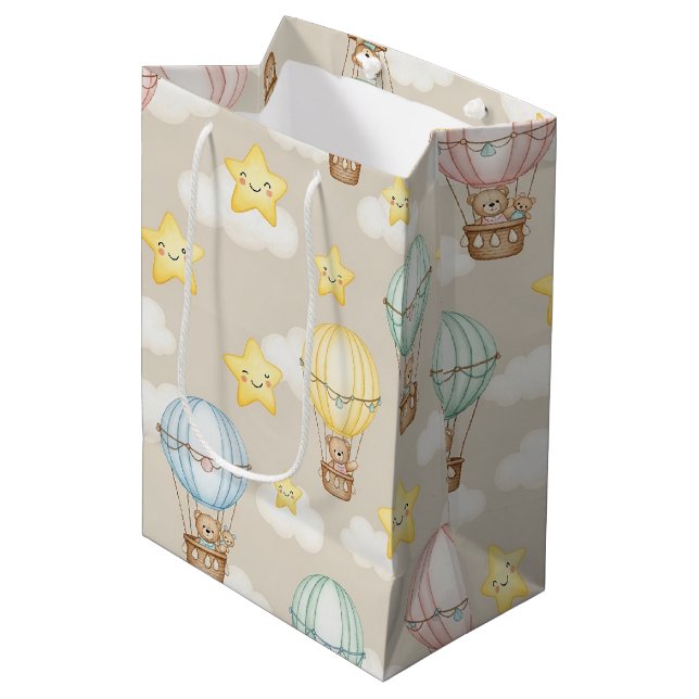 Cute Teddy Bear Hot Air Balloon Neutral Pattern 2 Medium Gift Bag (Front Angled)