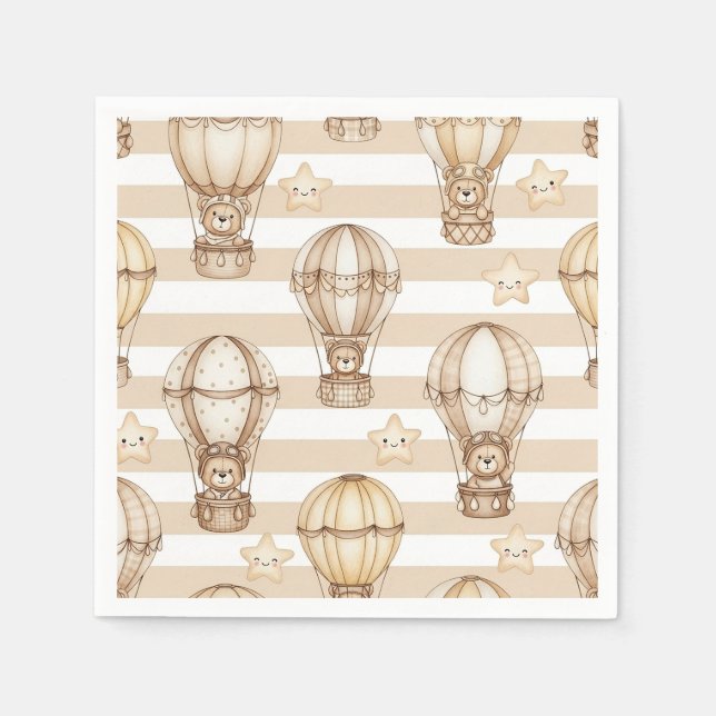 Cute Teddy Bear Hot Air Balloon Neutral Pattern 2 Napkin (Front)