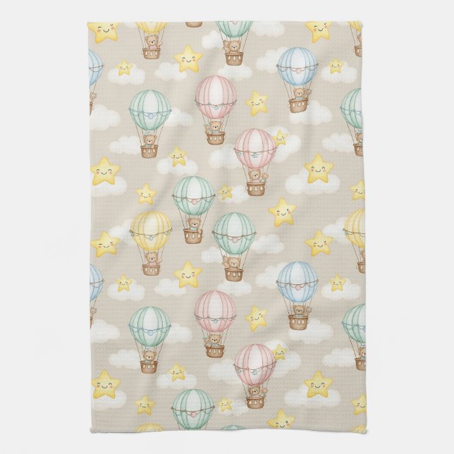 Cute Teddy Bear Hot Air Balloon Neutral Pattern 2 Tea Towel (Vertical)