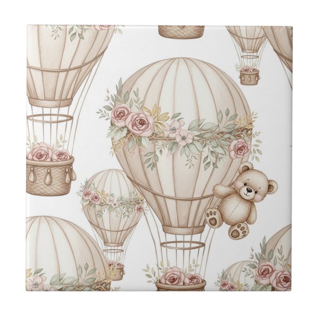 Cute Teddy Bear Hot Air Balloon Neutral Pattern 3 Ceramic Tile (Front)