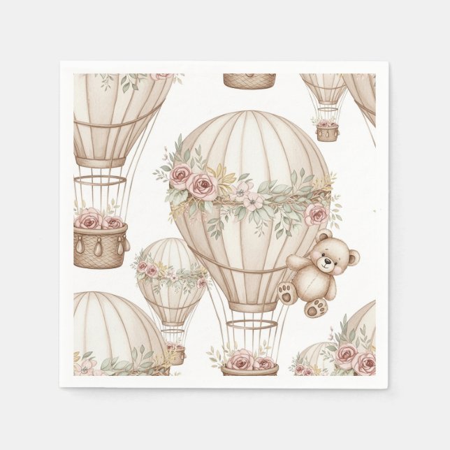 Cute Teddy Bear Hot Air Balloon Neutral Pattern 3 Napkin (Front)
