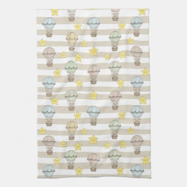Cute Teddy Bear Hot Air Balloon Neutral Pattern 3 Tea Towel (Vertical)