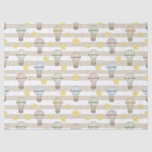 Cute Teddy Bear Hot Air Balloon Neutral Pattern 3 Tissue Paper (Front)