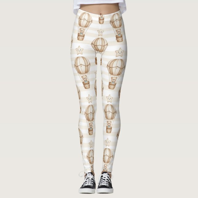Cute Teddy Bear Hot Air Balloon Neutral Pattern 4 Leggings (Front)