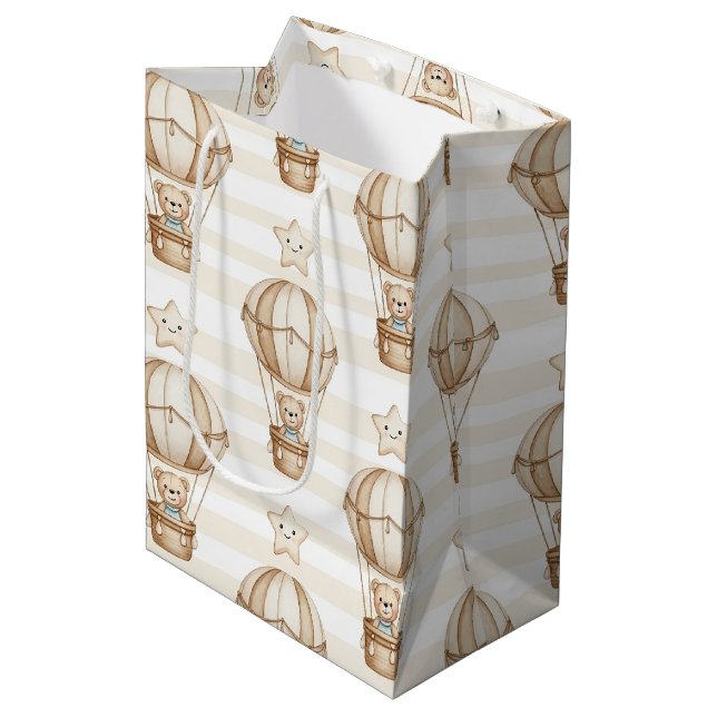 Cute Teddy Bear Hot Air Balloon Neutral Pattern 4 Medium Gift Bag (Front Angled)