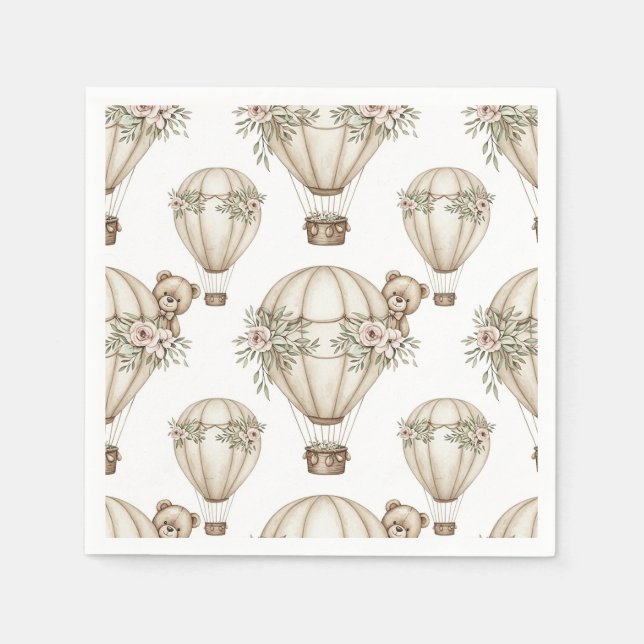 Cute Teddy Bear Hot Air Balloon Neutral Pattern 4 Napkin (Front)