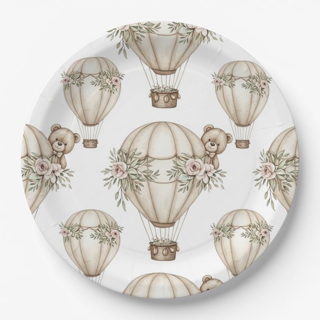 Cute Teddy Bear Hot Air Balloon Neutral Pattern 4 Paper Plate (Front)