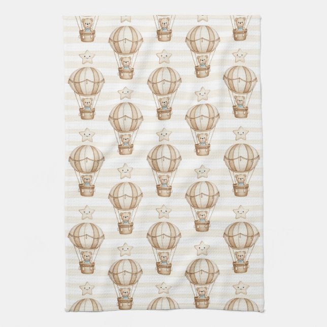Cute Teddy Bear Hot Air Balloon Neutral Pattern 4 Tea Towel (Vertical)