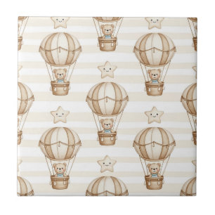 Cute Teddy Bear Hot Air Balloon Neutral Pattern 5 Ceramic Tile