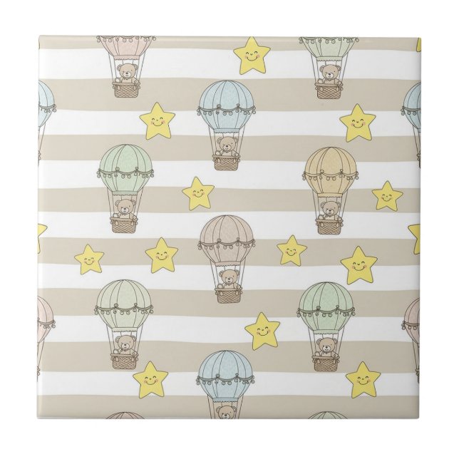 Cute Teddy Bear Hot Air Balloon Neutral Pattern 6 Ceramic Tile (Front)
