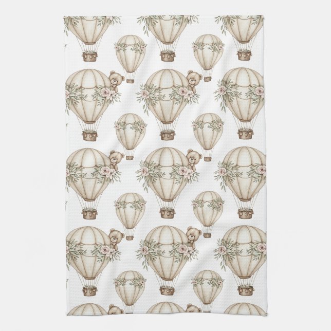 Cute Teddy Bear Hot Air Balloon Neutral Pattern 6 Tea Towel (Vertical)