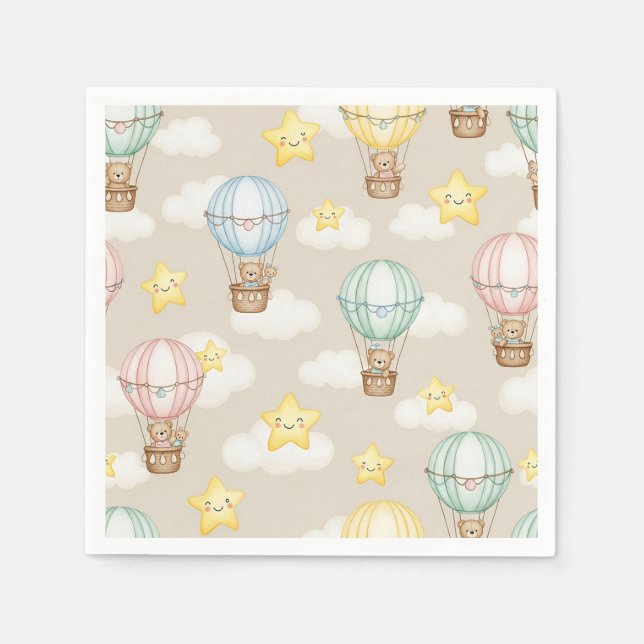 Cute Teddy Bear Hot Air Balloon Neutral Pattern 7 Napkin (Front)