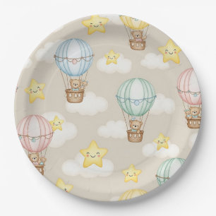 Cute Teddy Bear Hot Air Balloon Neutral Pattern 7 Paper Plate