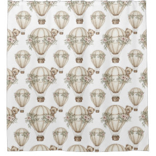 Cute Teddy Bear Hot Air Balloon Neutral Pattern 7 Shower Curtain