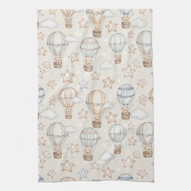 Cute Teddy Bear Hot Air Balloon Neutral Pattern 7 Tea Towel (Vertical)