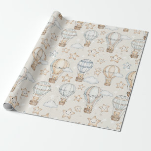 Cute Teddy Bear Hot Air Balloon Neutral Pattern 7 Wrapping Paper