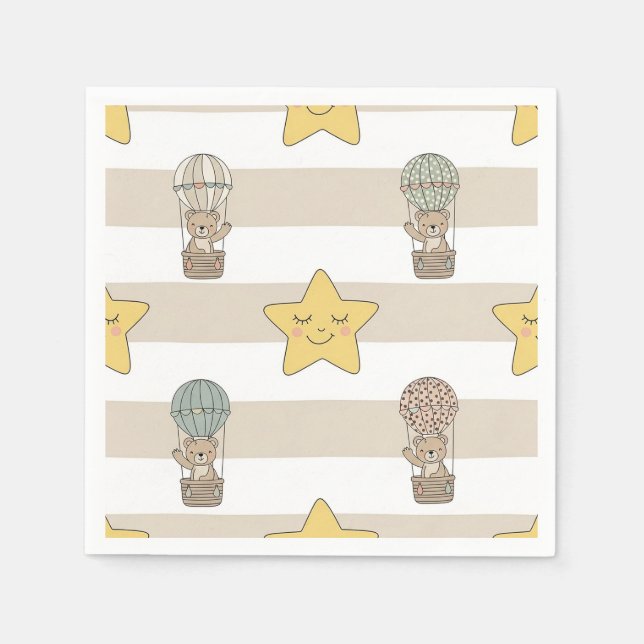 Cute Teddy Bear Hot Air Balloon Neutral Pattern 8 Napkin (Front)