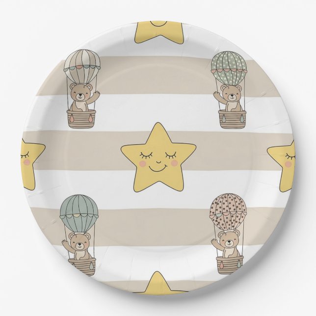 Cute Teddy Bear Hot Air Balloon Neutral Pattern 8 Paper Plate (Front)