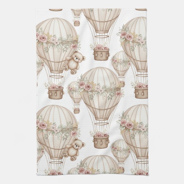 Cute Teddy Bear Hot Air Balloon Neutral Pattern 8 Tea Towel (Vertical)
