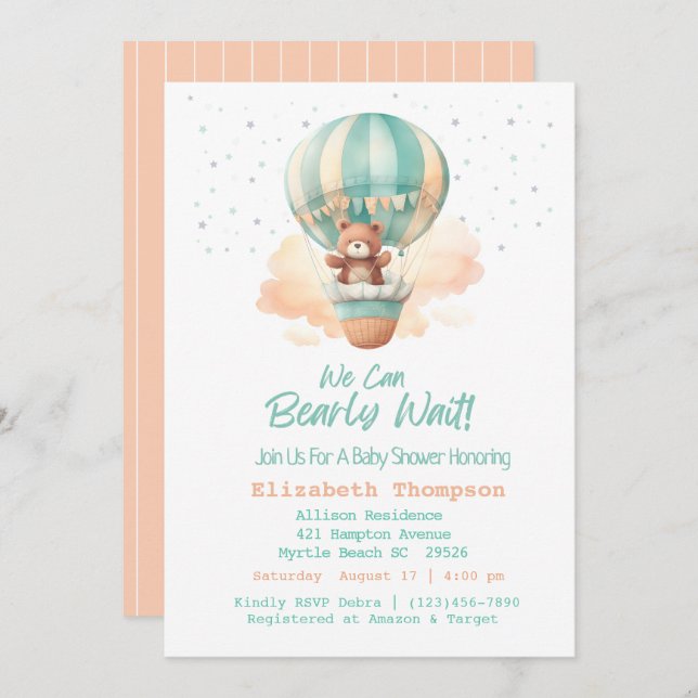 Cute Teddy Bear Hot Air Balloons Baby Shower   Invitation (Front/Back)
