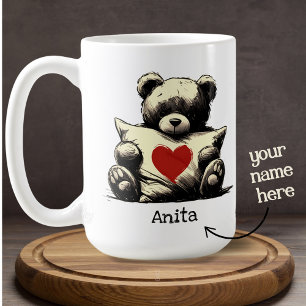 Cute Teddy Bear Hug Pillow Red Heart Custom Name Coffee Mug