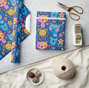 Cute Teddy Bear Illustration Blue Kids Wrapping Paper