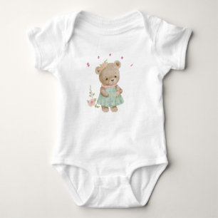  cute teddy bear in a dress with peonies baby bodysuit