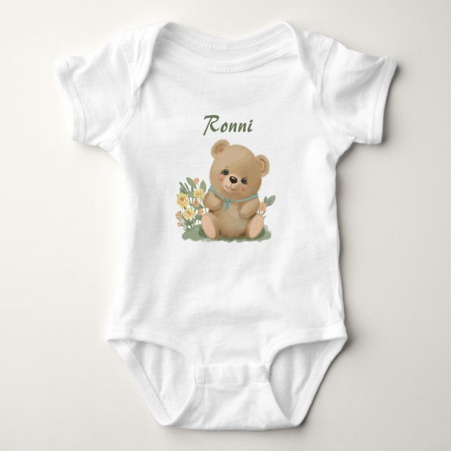 cute teddy bear in a jacket baby bodysuit (Front)