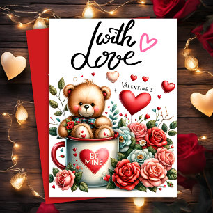 Cute Teddy Bear In A Mug With Love Valentine's Holiday Card