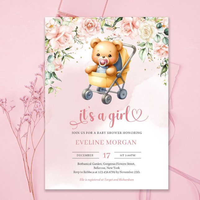 Cute teddy bear in baby stroller floral girl baby invitation (Cute teddy bear girl in baby stroller and pink roses flowers invitation)