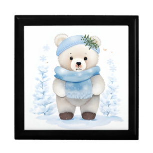 Cute Teddy Bear in Blue Scarf and Hat in Snow  Gift Box
