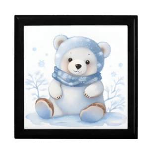 Cute Teddy Bear in Blue Scarf Hat Sitting in Snow  Gift Box
