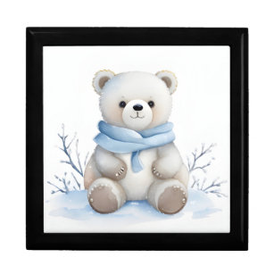 Cute Teddy Bear in Blue Scarf Sitting in the Snow  Gift Box