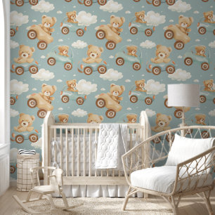 Cute Teddy Bear in Car Clouds White Blue Nursery  Wallpaper