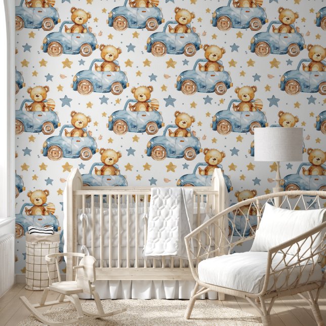 Cute Teddy Bear in Car Stars Blue Brown Nursery  Wallpaper (Kids)