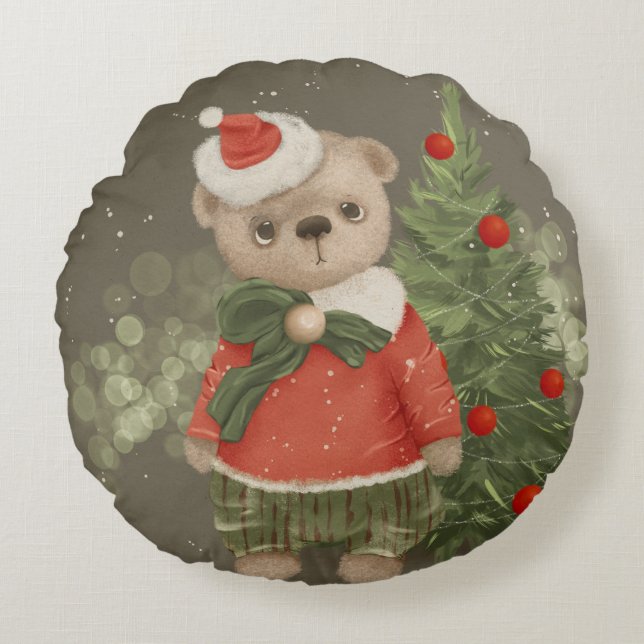 Cute teddy bear in claus costumes near christmas t round cushion (Front)