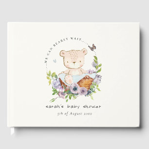 Cute Teddy Bear In Flower Basket Blue Baby Shower Guest Book