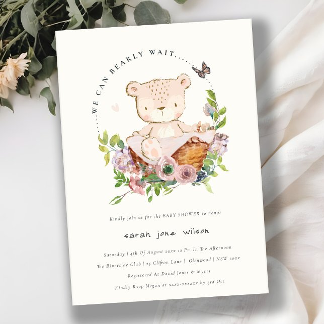 Cute Teddy Bear In Flower Basket Pink Baby Shower Invitation (Creator Uploaded)