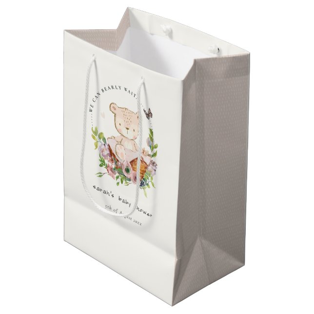 Cute Teddy Bear In Flower Basket Pink Baby Shower Medium Gift Bag (Front Angled)