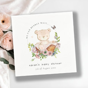 Cute Teddy Bear In Flower Basket Pink Baby Shower Napkin