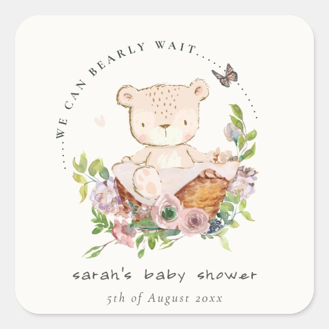 Cute Teddy Bear In Flower Basket Pink Baby Shower Square Sticker (Front)